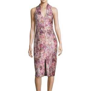 Aidan Mattox Metallic Floral Halter Pencil Midi Cocktail Dress Size 6